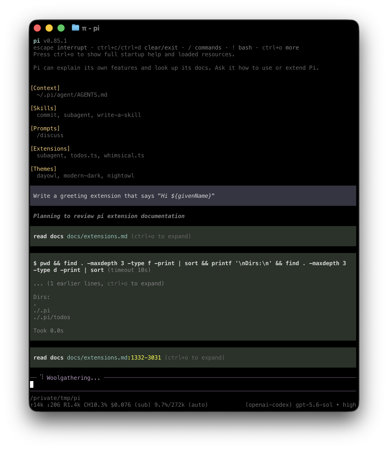 Pi running in a terminal with a conversation, input editor, and status footer